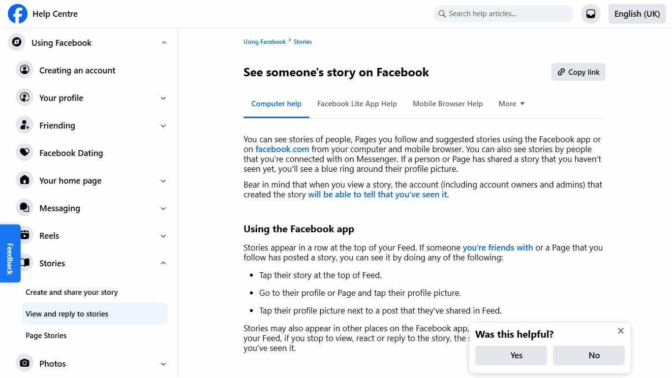 See someone's story on Facebook Facebook Help Centre