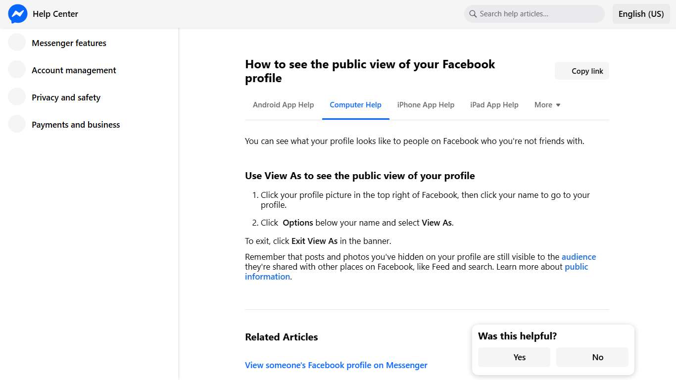 How to see the public view of your Facebook profile Messenger Help Center